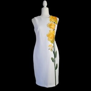 Calvin Klein White Sheath Dress with Yellow Rose Print